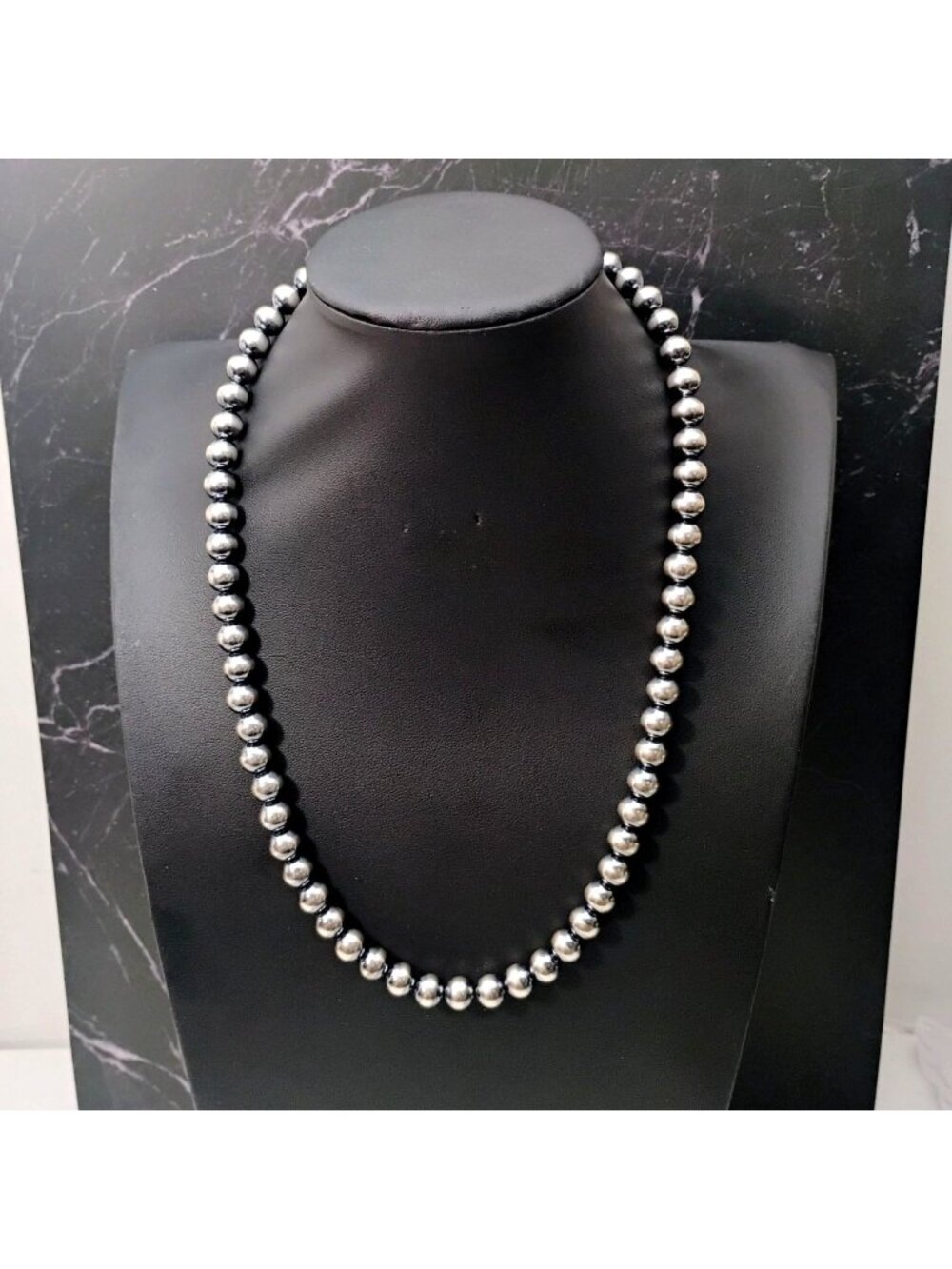 Native American Silver Navajo Pearl Bead Necklace 8mm 20" Long 31 grams